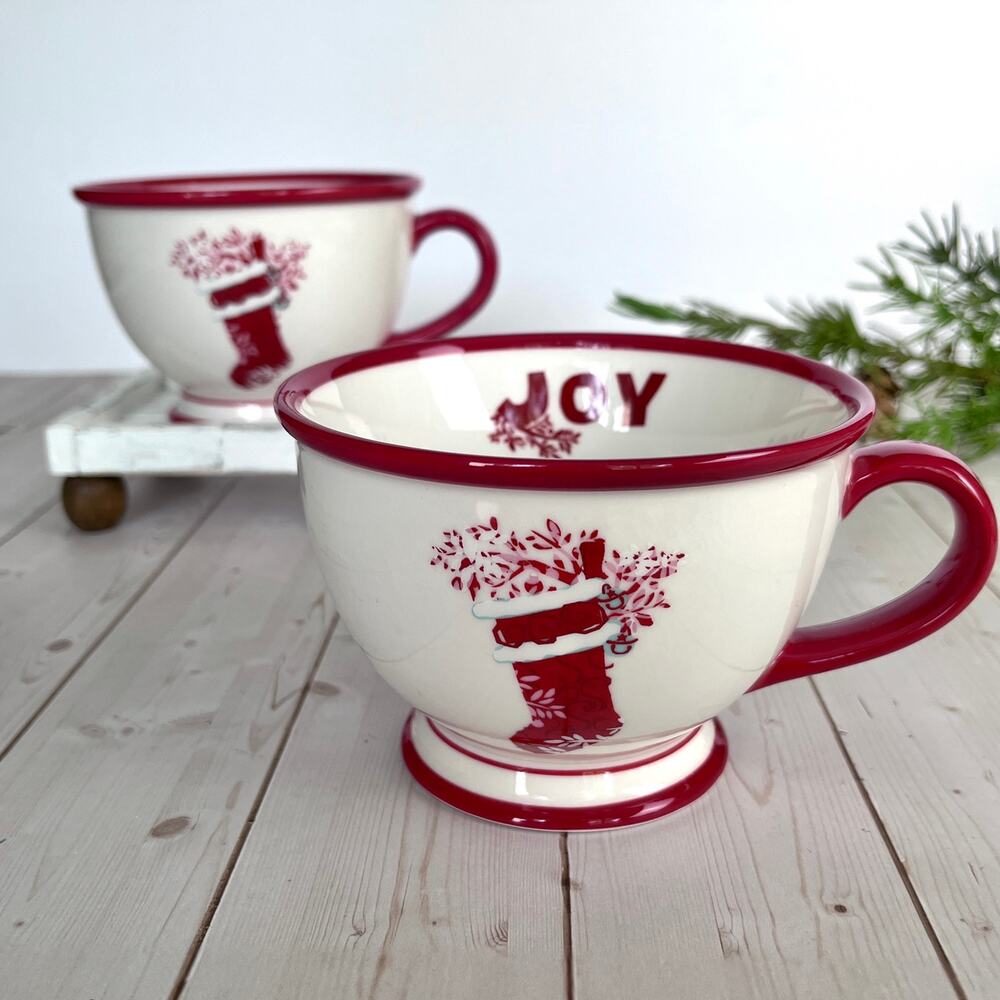 Pair of Starbucks Holiday 2007 Joy Pedestal Mug Red Trim Stocking Illustration